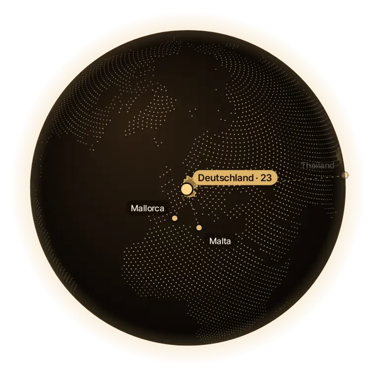 Weltkugel mit Deutschland, Mallorca, Malta und Thailand